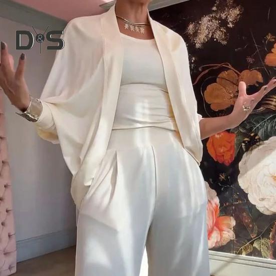 3 Pcs/Set Women Vest Coat Pants Suit Round Neck Sleeveless Solid Color Blouse Elastic Waist Wide Leg Trousers Daily Wear Sport Outfit Fall Spring