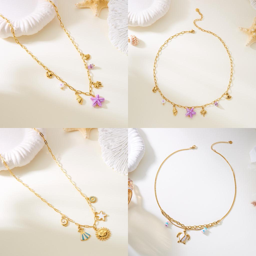 Summer Beach Vacation Jewelry Multilayer Stainless Steel Crab Shell Turtle Pendant Necklace For Women