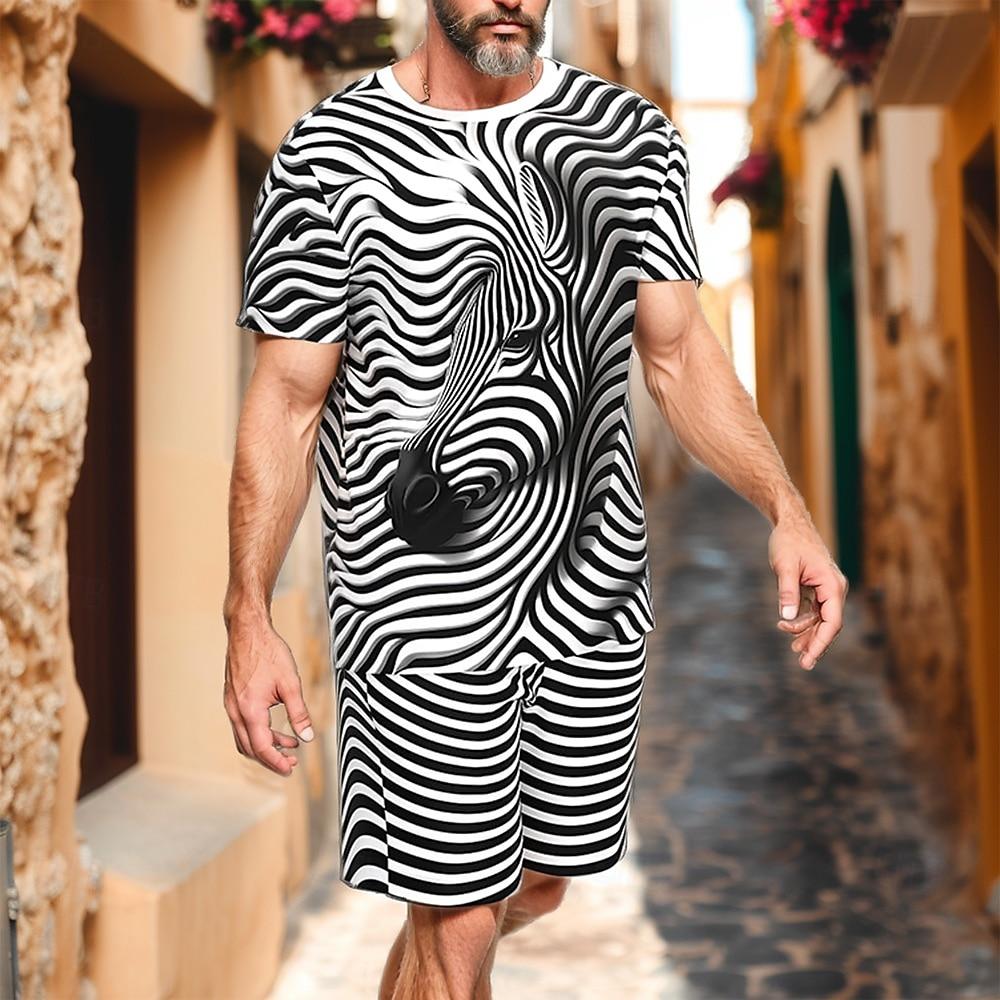 

Men s Zebra Print Tees Sets Summer Tops Short Sleeve Short Pants Crew Neck Sport Casual Outdoor Vacation Daily Summer S