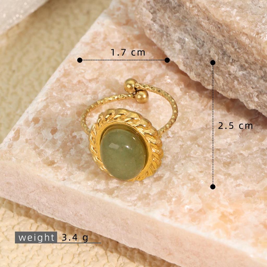 18K Gold-Plated Stainless Steel Open Adjustable Retro Natural Stone Ring