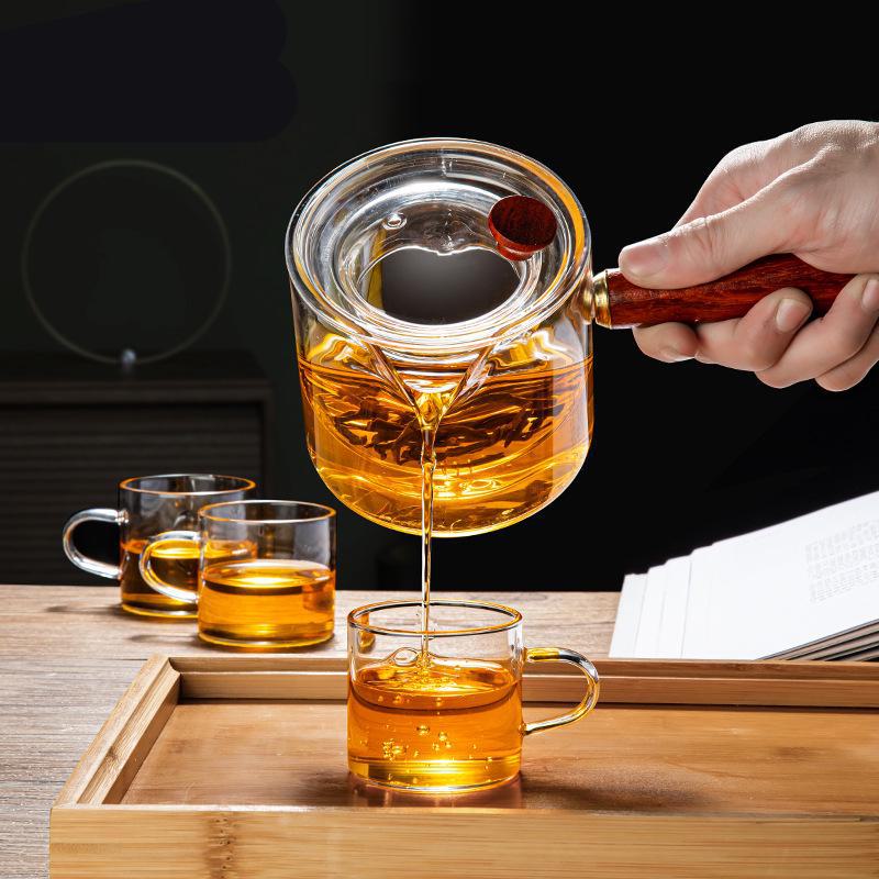 High-Temperature Resistant Borosilicate Glass Teapot with Red Sandalwood Side Handle for Electric Ceramic Stove Tea Making