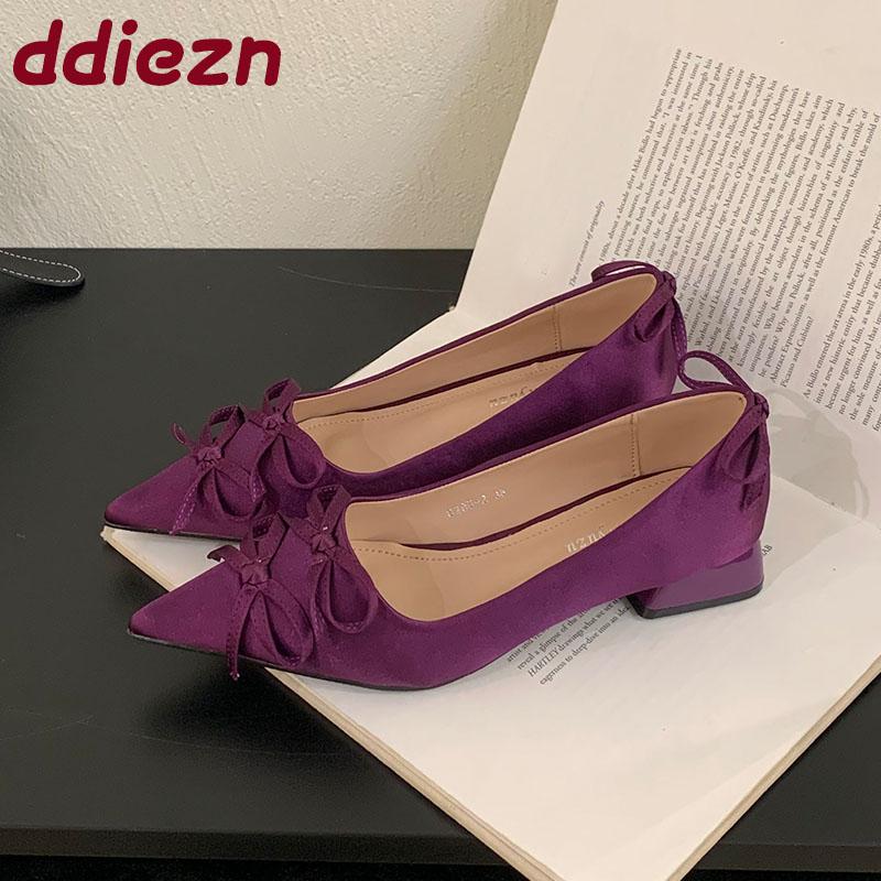 Fashion 2025 New Fashion Silk Shallow Women Low Heel Shoes Butterfly-Knot Female Slip On Footwear Pointed Toe Ladies Heels Pumps Shoes