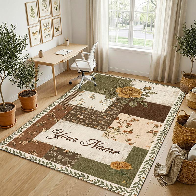Floral Garden Theme Crystal Velvet Rug Personalized Custom Name Text Soft Floor Mat Home Decor
