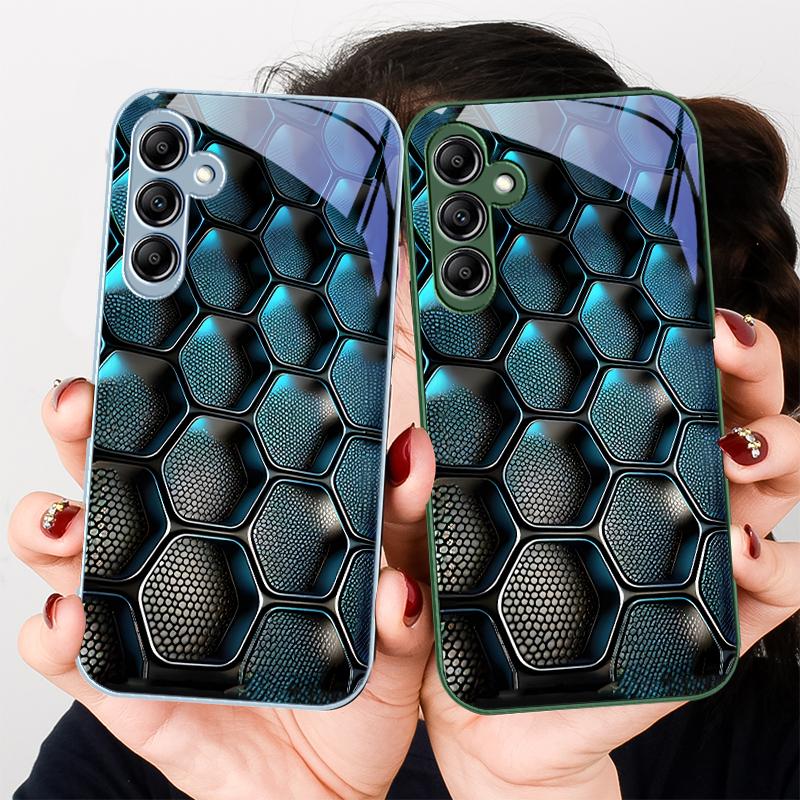 Blue Gradient Grid For Samsung Galaxy A01 02 03 Core A04 A14 4G A13 54 34 31 20 25 23 22 5G S21 Ultra S20 Glass Phone Case
