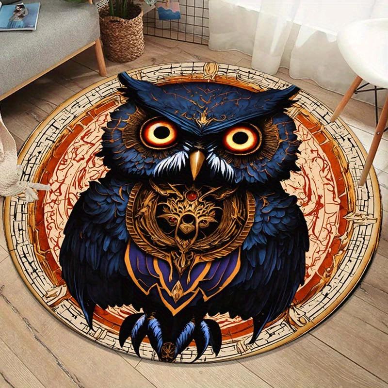 2D Flat, 3D Retro Owl Printed Polyester Area Mat - Non-Slip Round Chair Mat for Living Room & Bedroom, 800g/m² Crystal Velvet, V