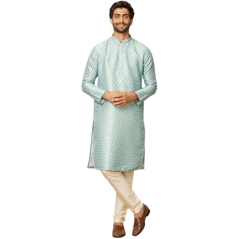 Manyavar Mens Green Art Silk Self Design Kurta Pyjama Set
