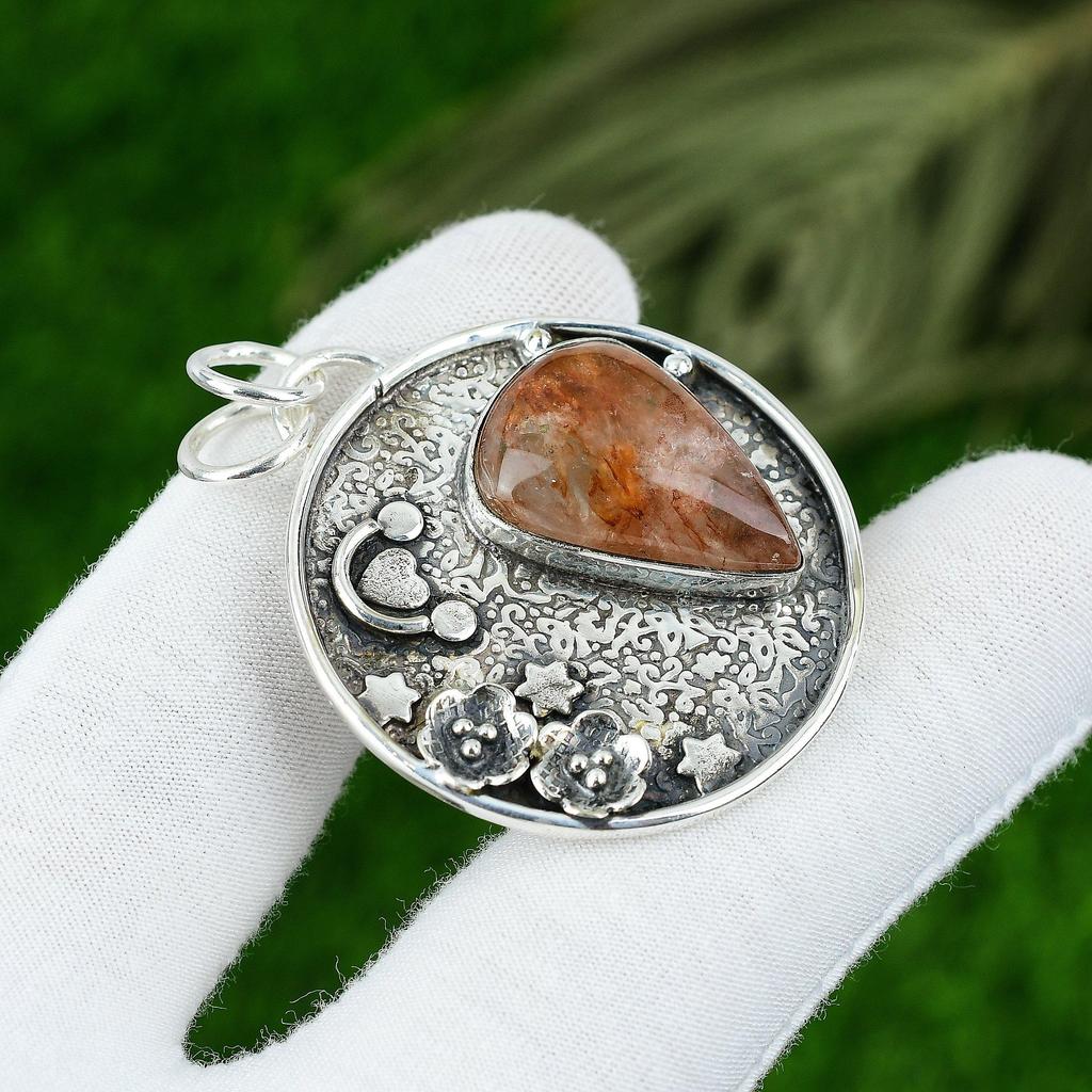Natural Elestial Quartz Gemstone Pendant 925 Sterling Silver Jewelry For Women