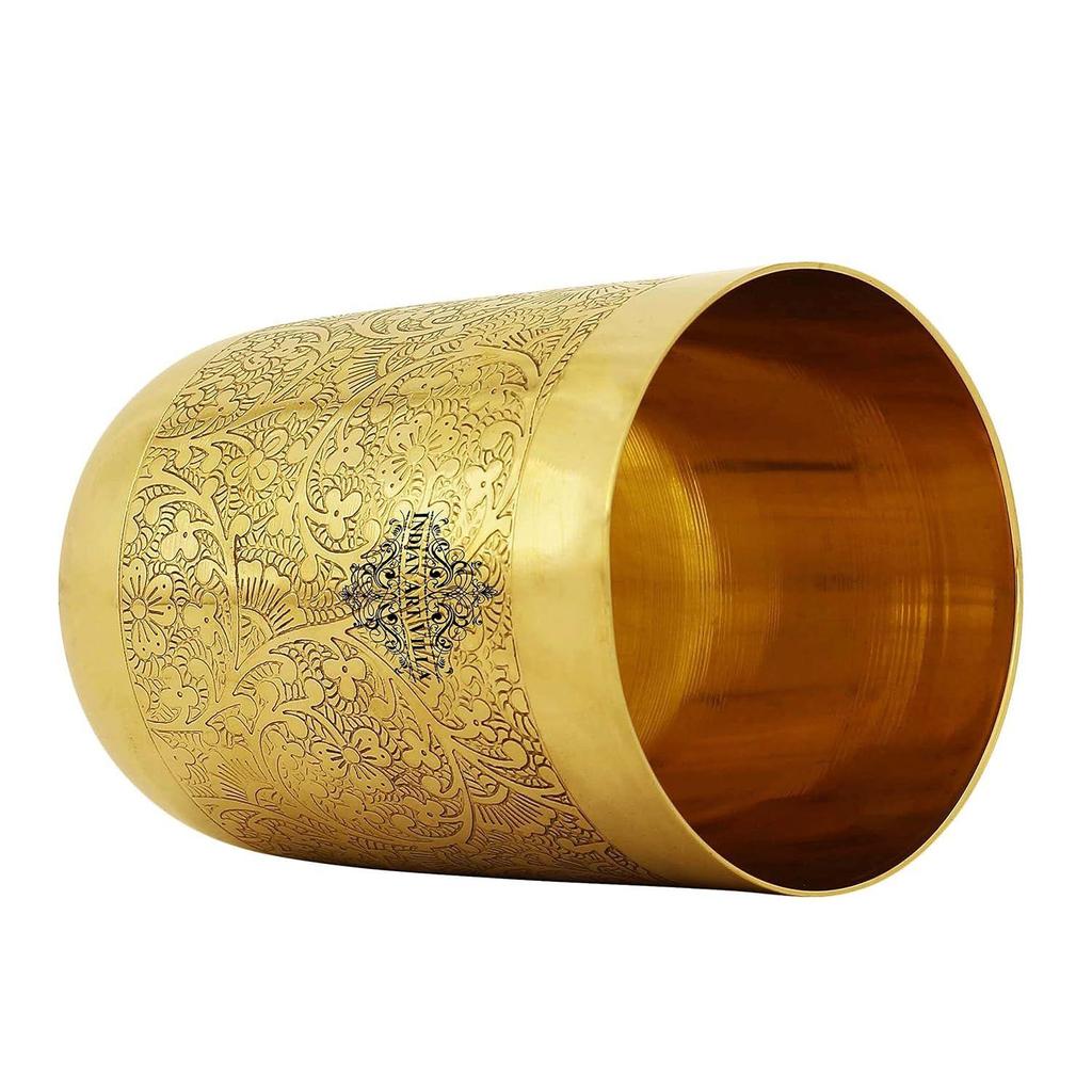 Pure Brass Glass Tumbler with Floral Embossed Straight Design, for Drinking Serving Water, Yoga & Ayurveda, Volume-300 ML, Set of 6