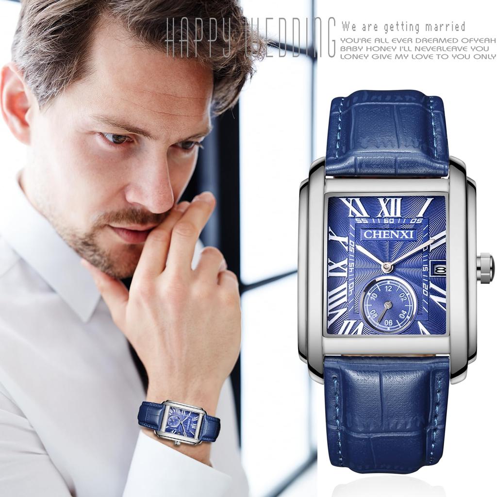 Watch with Leather Strap and Square Roman Analog 3ATM Water Stylish Quartz Business Fashion Accessory Perfect Gift for and Day Men's Antique-Style