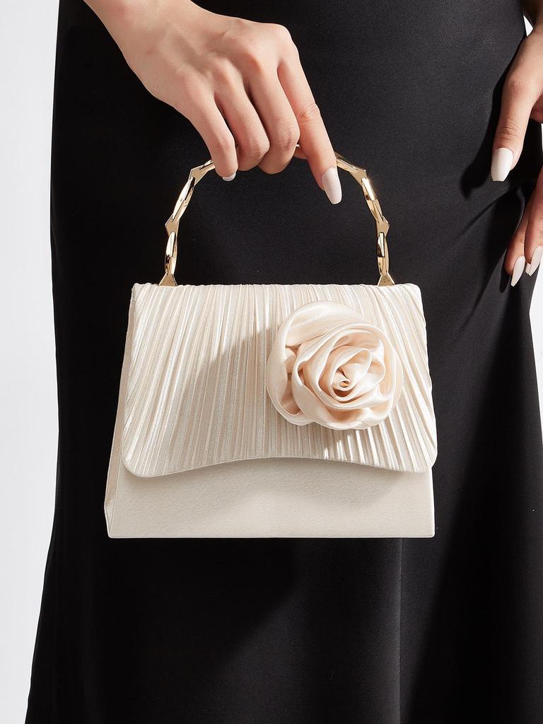 Goldfarbener Bambusgriff Plissierte Satin-Abendtasche mit Blumendesign