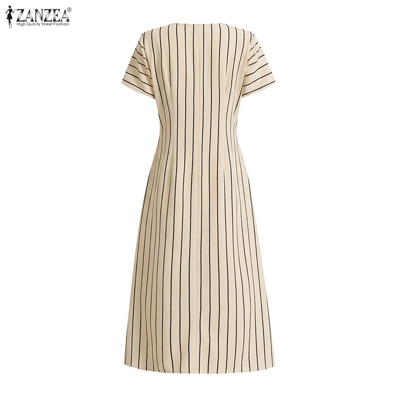 ZANZEA Women Summer Round Neck Casual Short Sleeve Stripe Print Dress