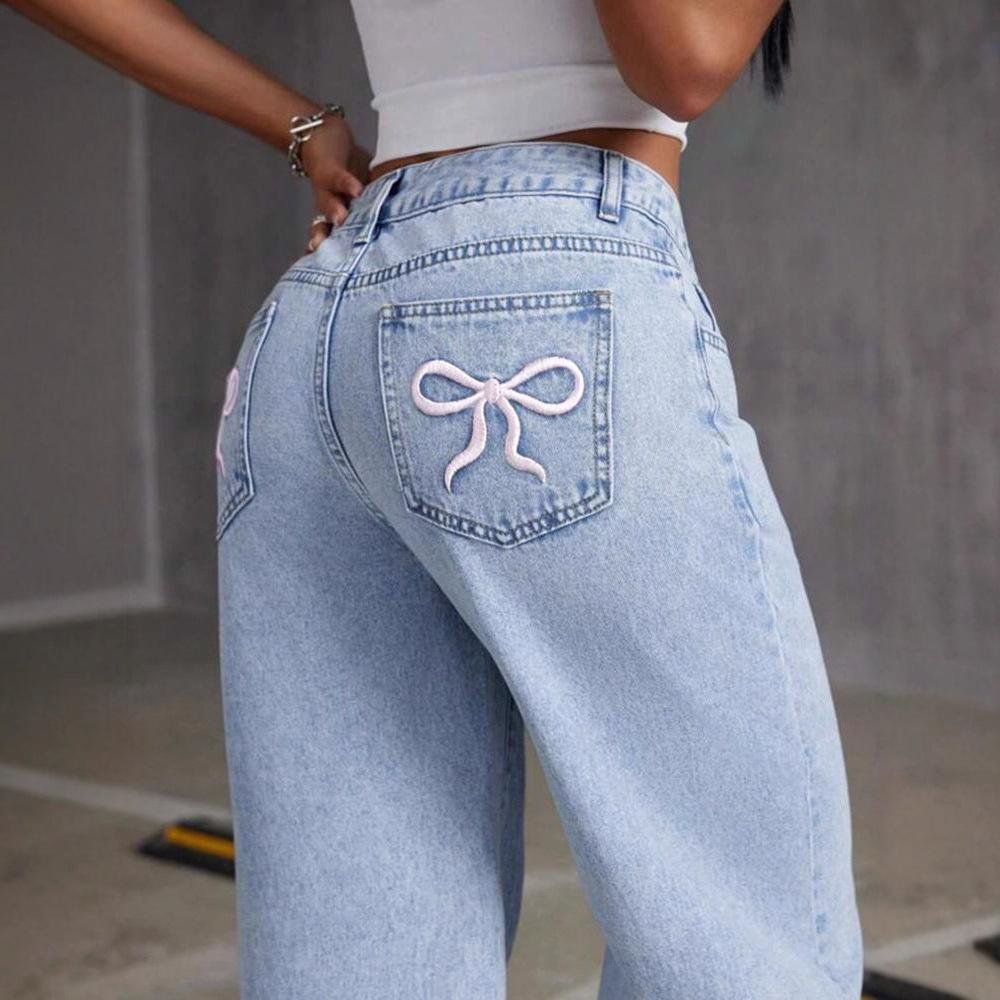 Jeans a Vita Alta Gamba Larga da Donna Vestibilità Larga Gamba Dritta Pantaloni in Denim Ricamo Ciliegia Streetwear Vintage Pantaloni Casual