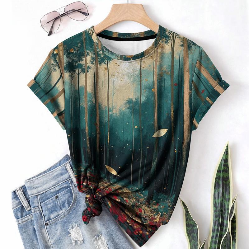 T-shirt da donna estiva a girocollo a maniche corte con motivo astratto stampato in 3D, artistica, leggera, casual e alla moda
