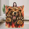 Tribal Grizzly Bear Flannel Throw Blanket: Roaring Bear, Sun Moon Symbols, Rustic Decor