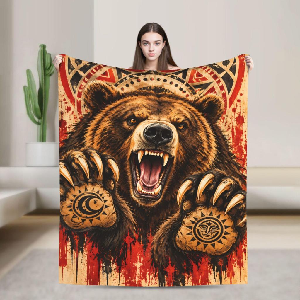 Tribal Grizzly Bear Flannel Throw Blanket: Roaring Bear, Sun Moon Symbols, Rustic Decor