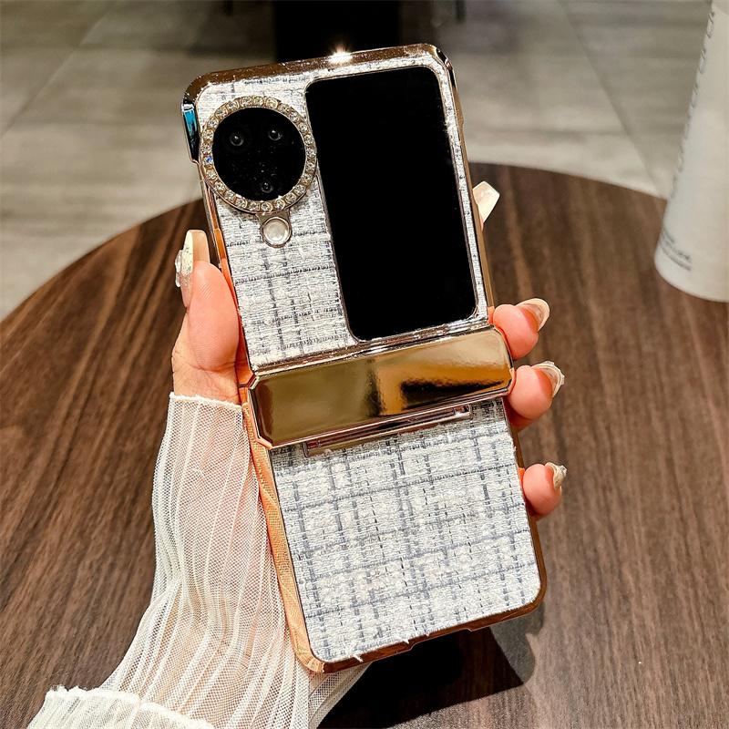 For Oppo Find N3 Flip 5G Case Plaid Texture Rhinestone Decor Hinge Protection PC Phone Cover