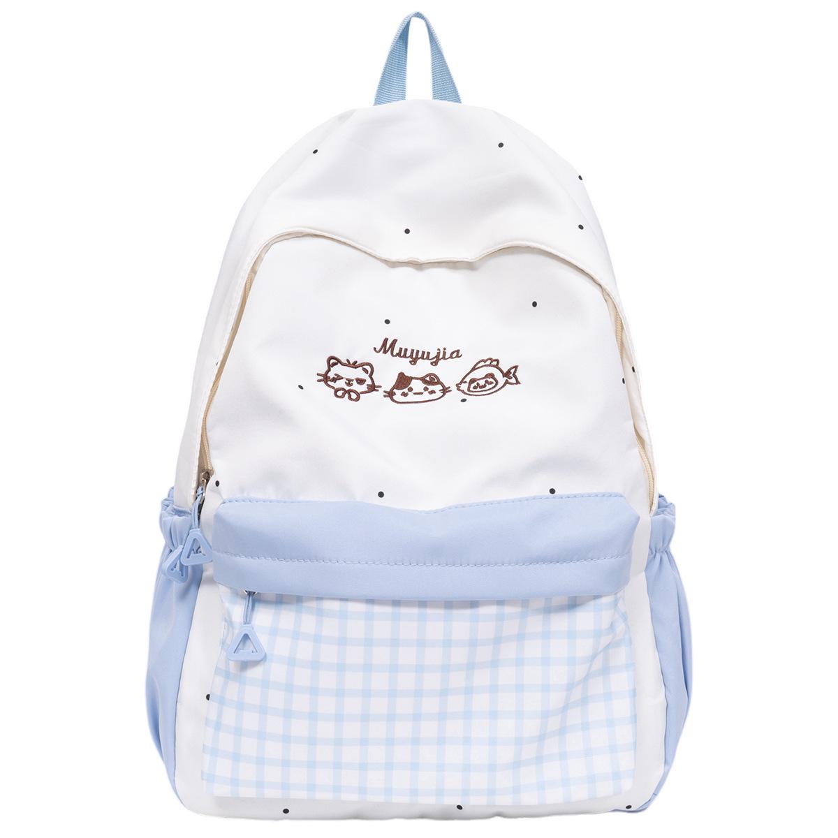 

Cartoon Print Color Block Backpack, Large Capacity for Middle and High School Girls, Plaid Patchwork Design. синий
