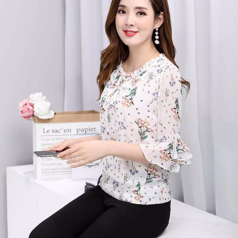 New Half Sleeve Blouse for Women's Clothing Floral Chiffon Shirt Bow Ruffled Pullovers Top S-5XL