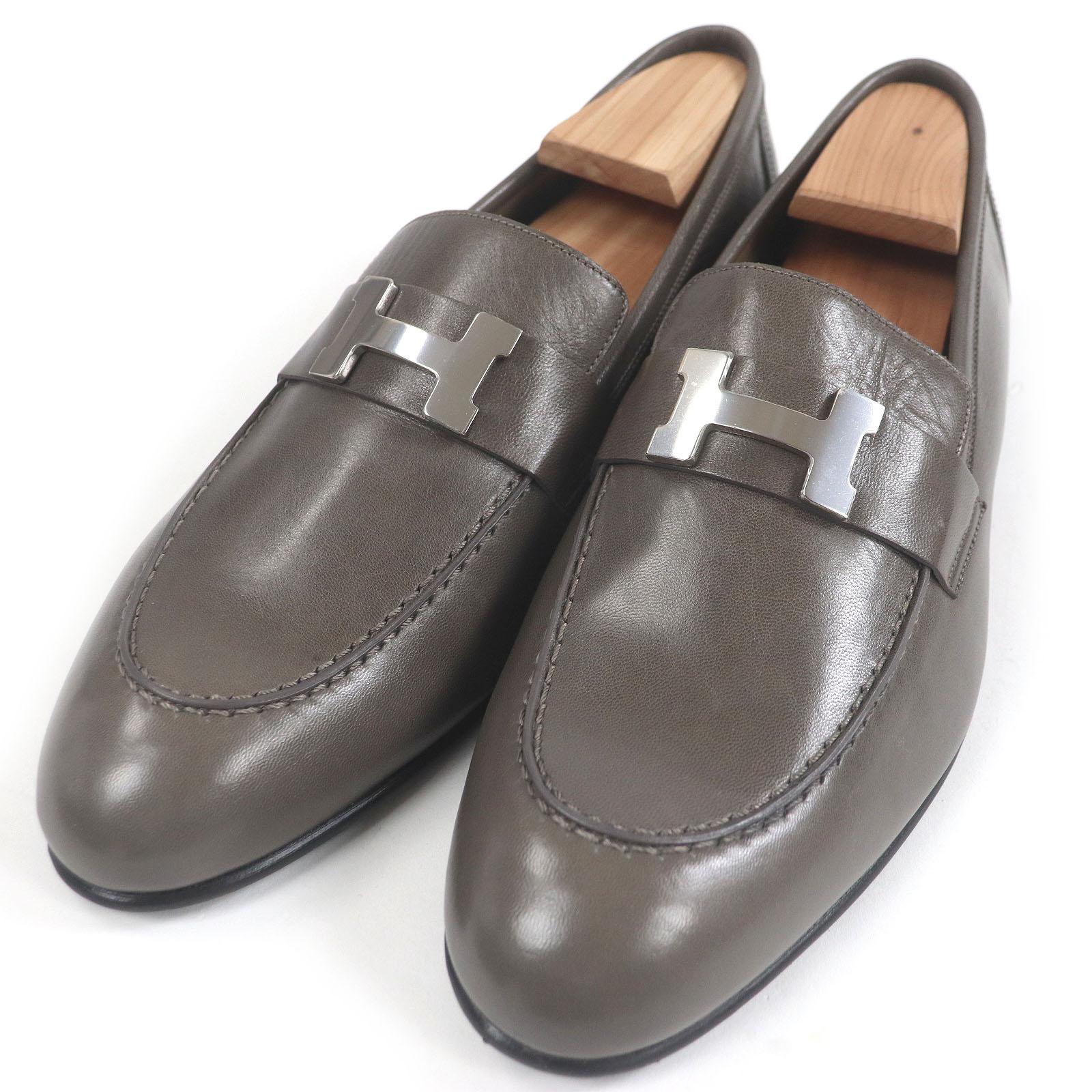 

HERMES loafers H logo Silver Metal U tip Charcoal system leather mens 41 Used