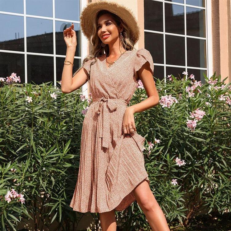 Chic Women Summer Green V Neck Long Sleeve Lace Up Pleated A Line Print Dress
