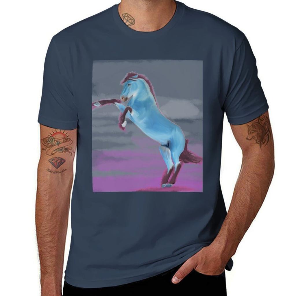 Blue Horse Rearing Tshirt Simple Trendy Casual Tshirt