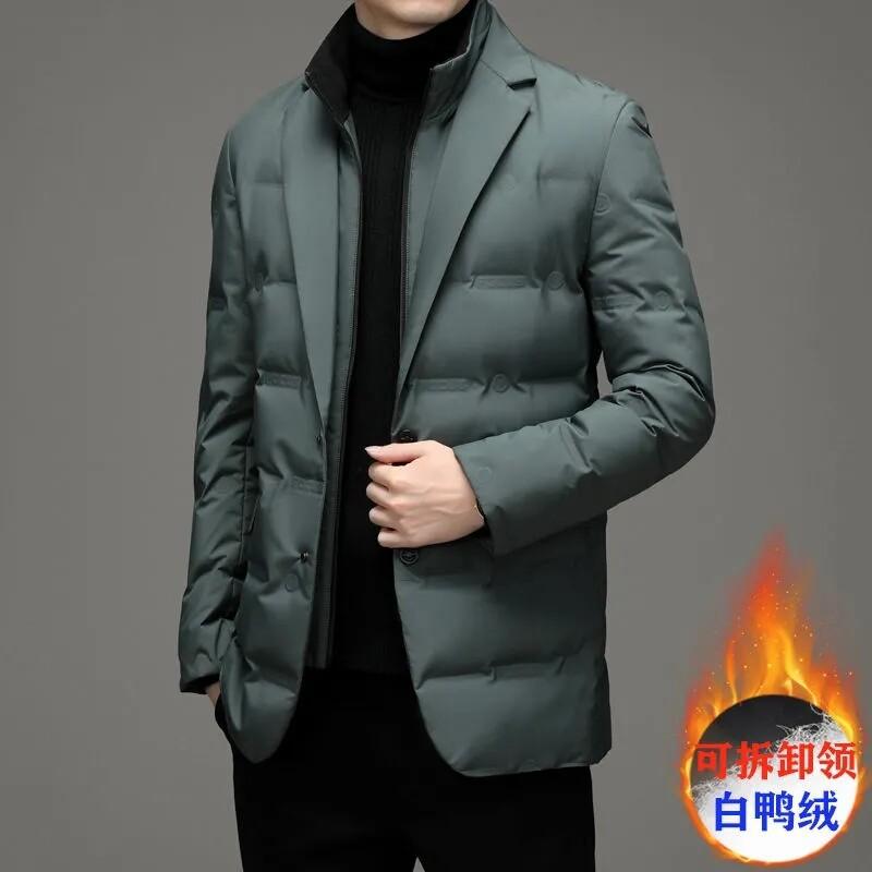 Mens Lightweight Down Blazer Jacket Winter Warm Business Casual Hooded Coat Black Gray Olive