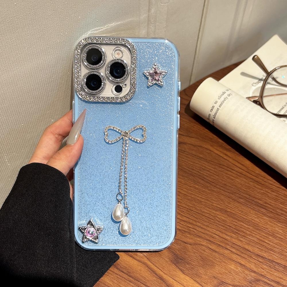 Luxury Shinny Diamond Star Glitter Bow Case for iPhone 16 Pro Max 15 13 14 Plus 12 11 Pro Max Cute Shimmering Protective Cover