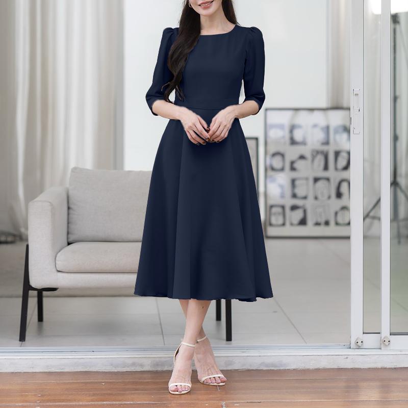 ZANZEA Women Casual Round Neck Solid Color 3/4 Sleeve Dress