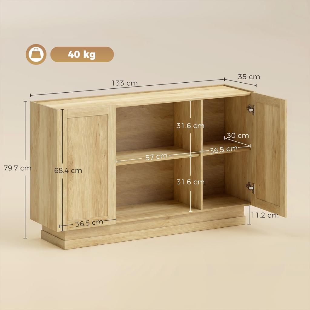 Sideboard Buffet Cabinet 133 cm, 2 Open Shelves, Natural Wood Finish
