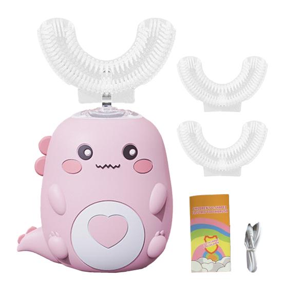 Kids U-Shaped Ultrasonic Electric Toothbrush with 2 Silicone Brush Heads IPX7 Waterproof Automatic Cartoon Dinosaur Toddlers Boys Girls Rechargeable