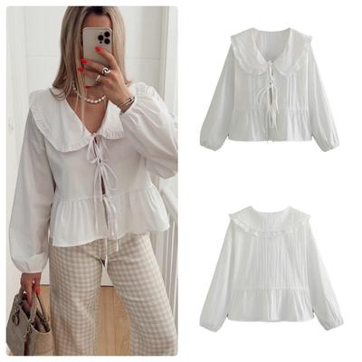 2024 Summer Solid Color Lapel Cardigan Women's Slim Fit Tie Waist Long Sleeve Shirt B63060