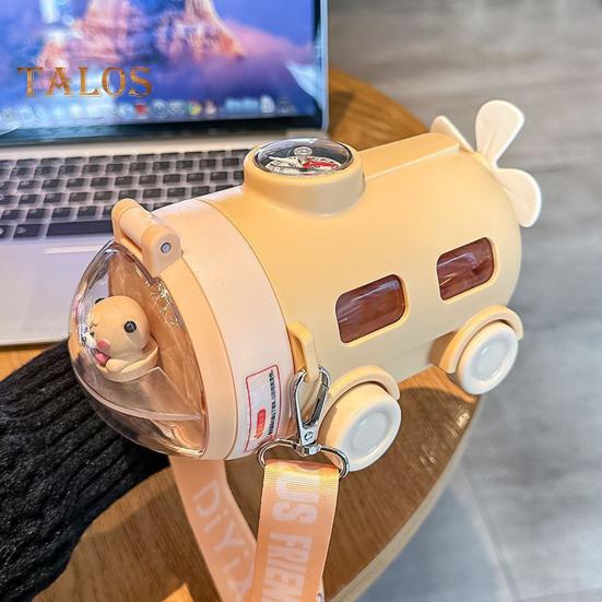 Cartoon Water Bottle with Straw & Strap 550ml Submarine Shape Sippy Cup for Kids Reusable Detachable Silicone Nozzle Water Cup for School Sports