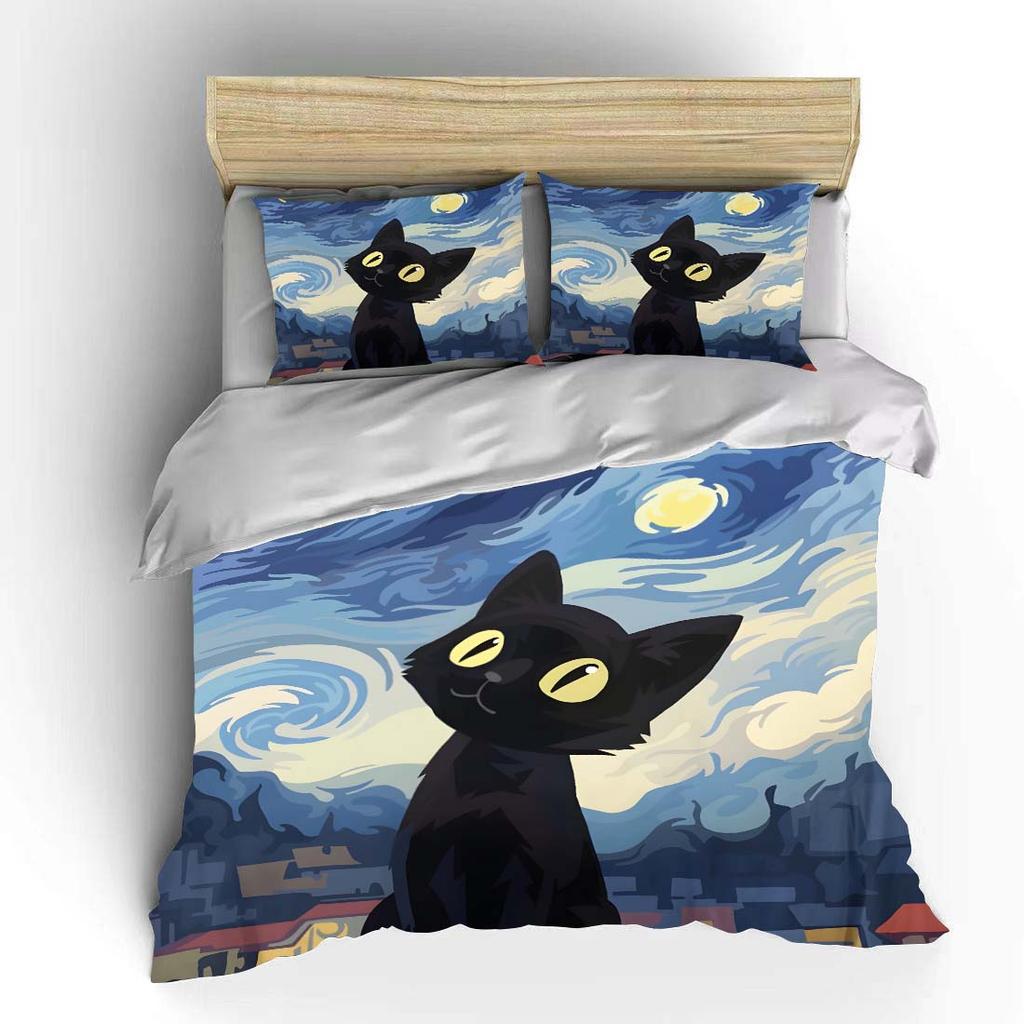 Van Gogh-style Black Cat Starry Night Bedding Set for Kids Luxury Gift 3pcs Digital Print Comforter Set Soft Comfortable