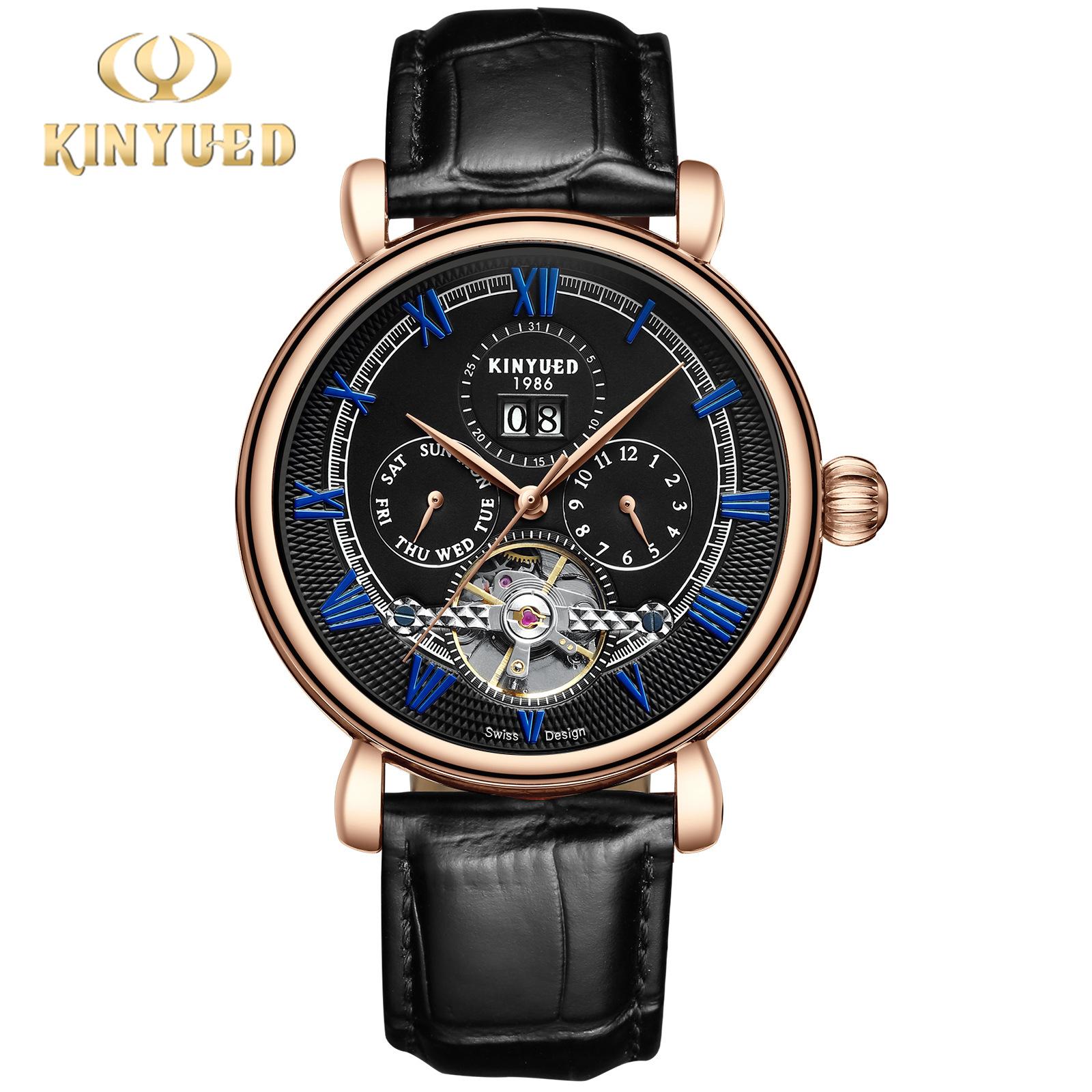 

Jinyueda KINYUED многофункциональные модные мужские часы с календарем турбийона бизнес полностью автоматические водонепроницаемые механические часы