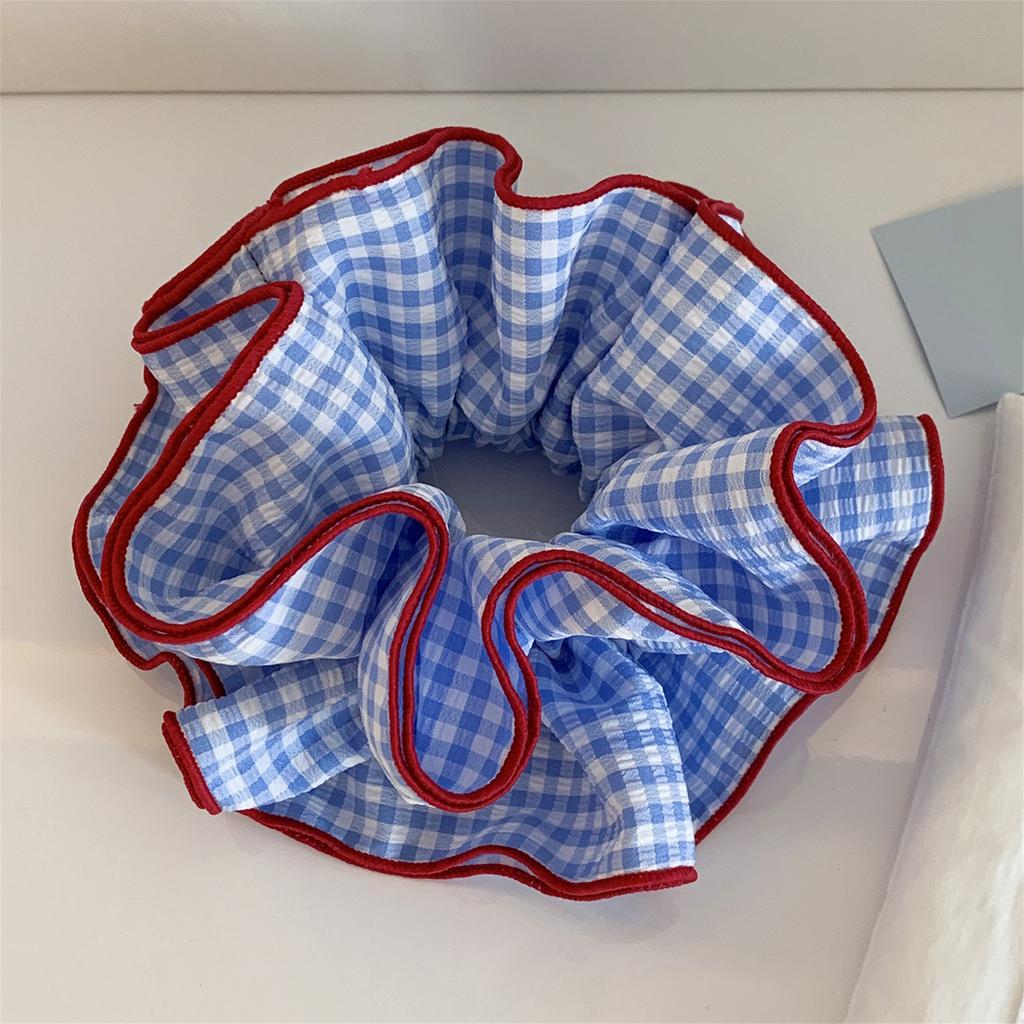 Blue Checkered Hair Scrunchie Soft Stretchy Elastic Hairband For Women Girl Hair Styling Accessory For Hair Wrist Decors