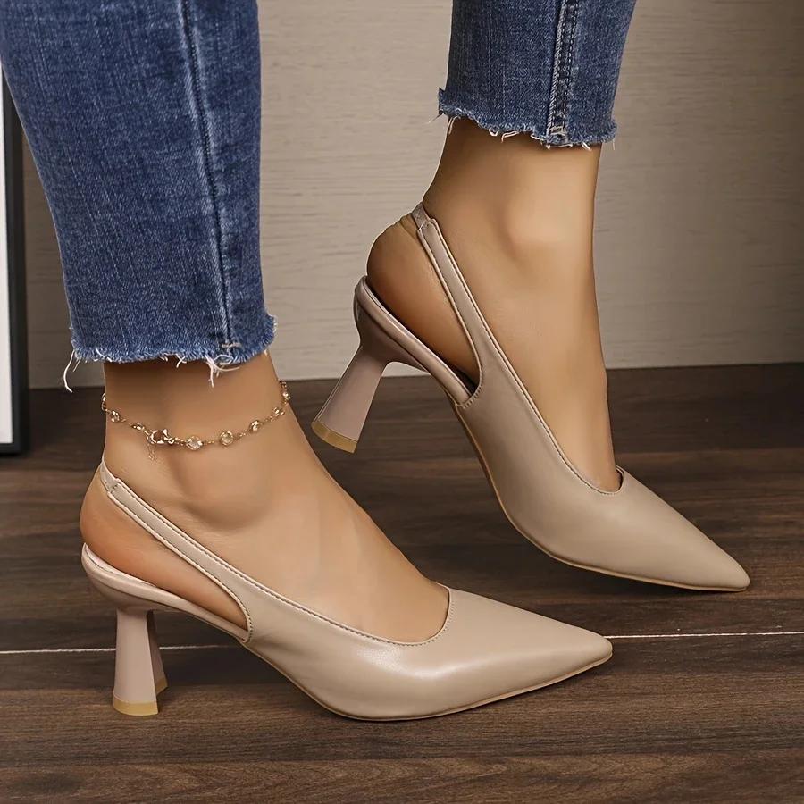 Fashion Summer Women High Heel Sandals 2025 New High Heels Office Chunky Shoes Women Pointed Toe Luxury Leather Casual Sandals Woman