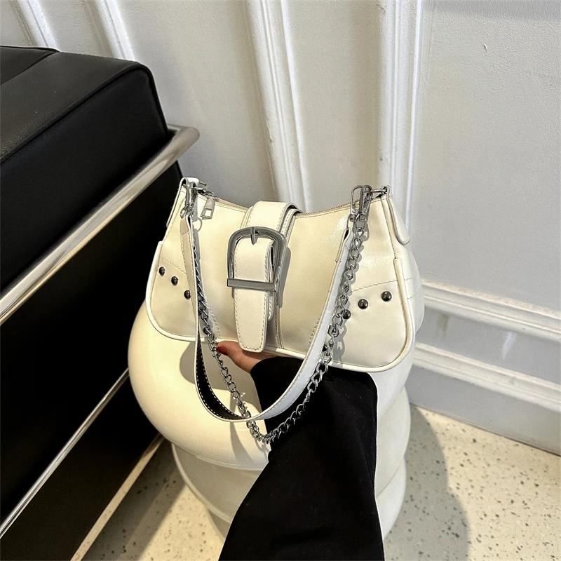 Vintage Rivet Women's Shoulder Bags Solid Color Ladies Underarm Bag Fashi Chain Small Handbags PU Leather Female Tote Purse