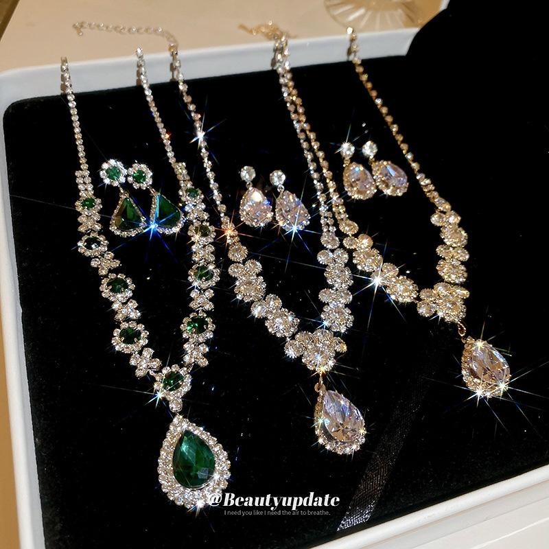 Water Drop Diamond Stud Earrings Necklace Light Luxury Fashion Pendant Collarbone Chain Internet Celebrity High Sense Jewelry Women