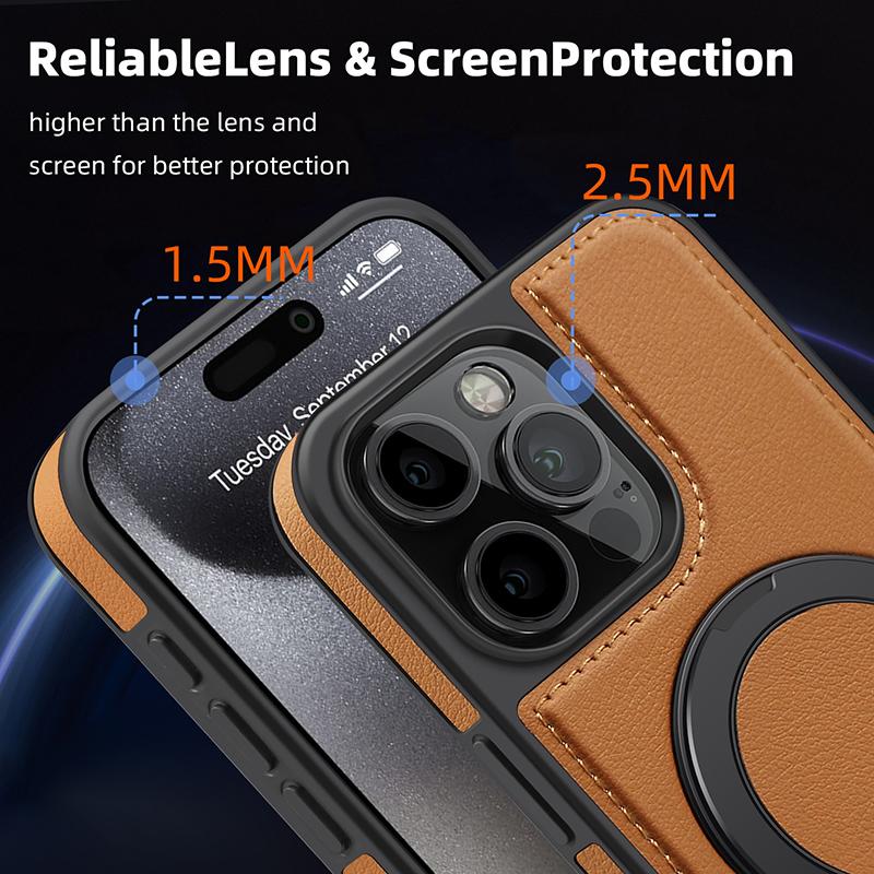 iPhone 17 16 15 14 13 12 11 Pro Max Plus için İş Derisi Dönen Braketli Telefon Kılıfı Magsafe Manyetik Halka Stand Tutucu Kapak