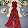Women Jumpsuits Pleated High Waist Flared Wide Leg Pants Spring Summer Jumpsuit