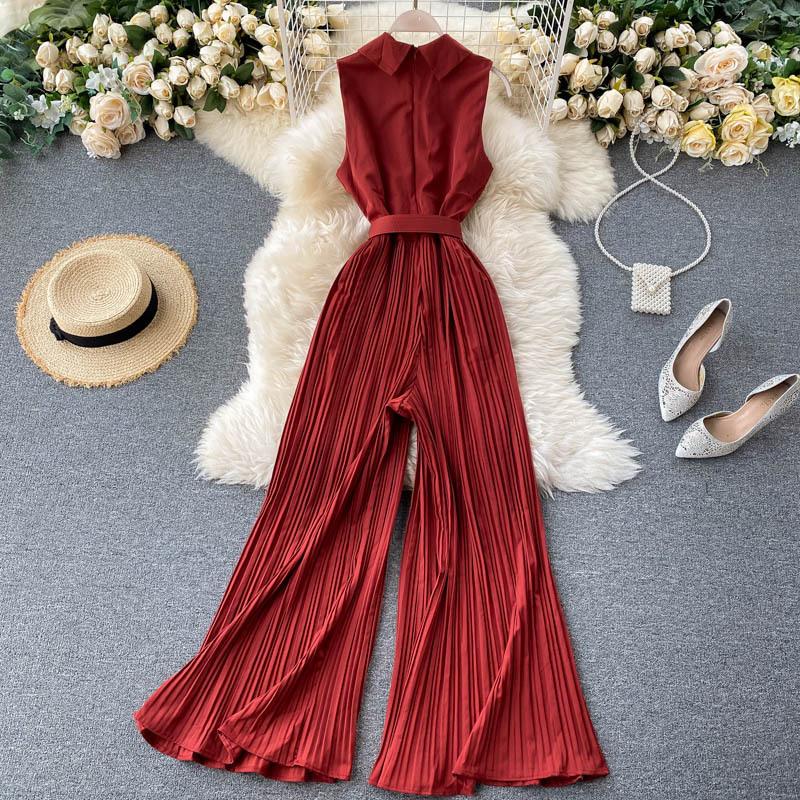 Women Jumpsuits Pleated High Waist Flared Wide Leg Pants Spring Summer Jumpsuit