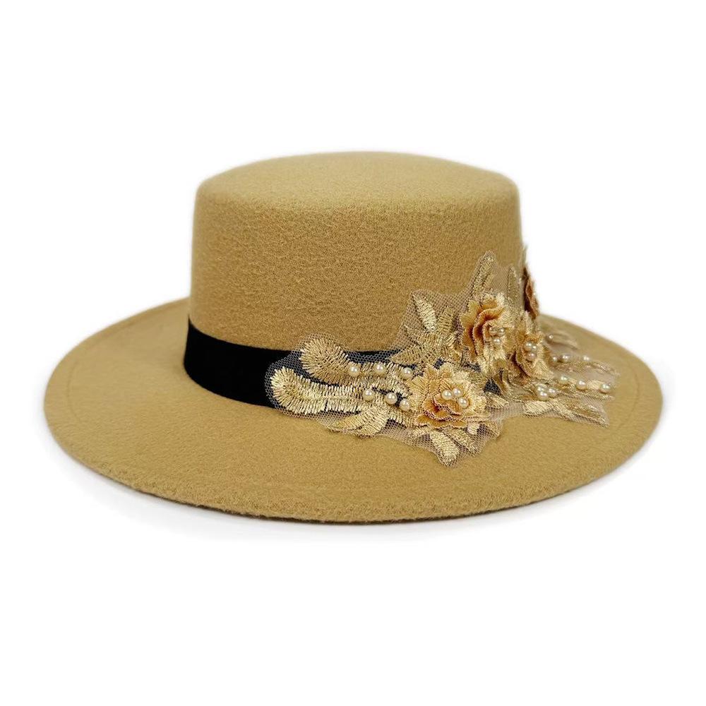 Winter Autumn Elegant Fedora Hat for Men Women Woolen Felt Hats with Embroidered Pearl Flower Wide Brimmed Top Jazz Hats