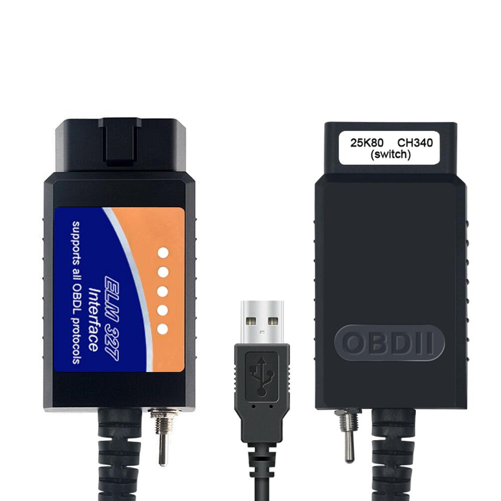 100% Chip PIC18F25K80 Skaner diagnostyczny USB ELM327 V1.5 OBD2 ELM 327 V1.5/1.5 USB Switch CA/MS CAN Dla Forscan Czytnik kodów OBDII