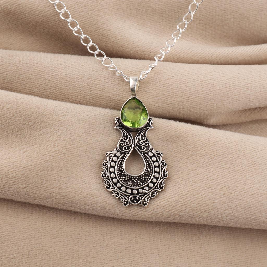 Rare Peridot Gemstone 925 Sterling Silver Oxidize Jewelry Designer Women's Pendant 1.8" For Birthday Gift CP-45-12