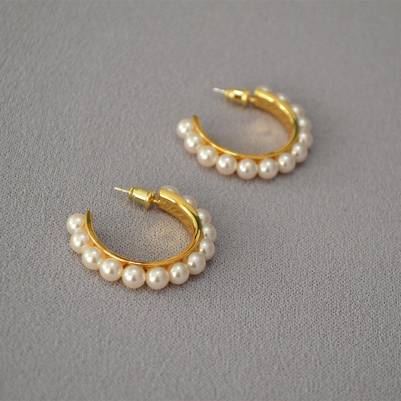 Elegant C-Shaped Gold-Plated Imitation Pearl Earrings with 925 Silver Post for Women