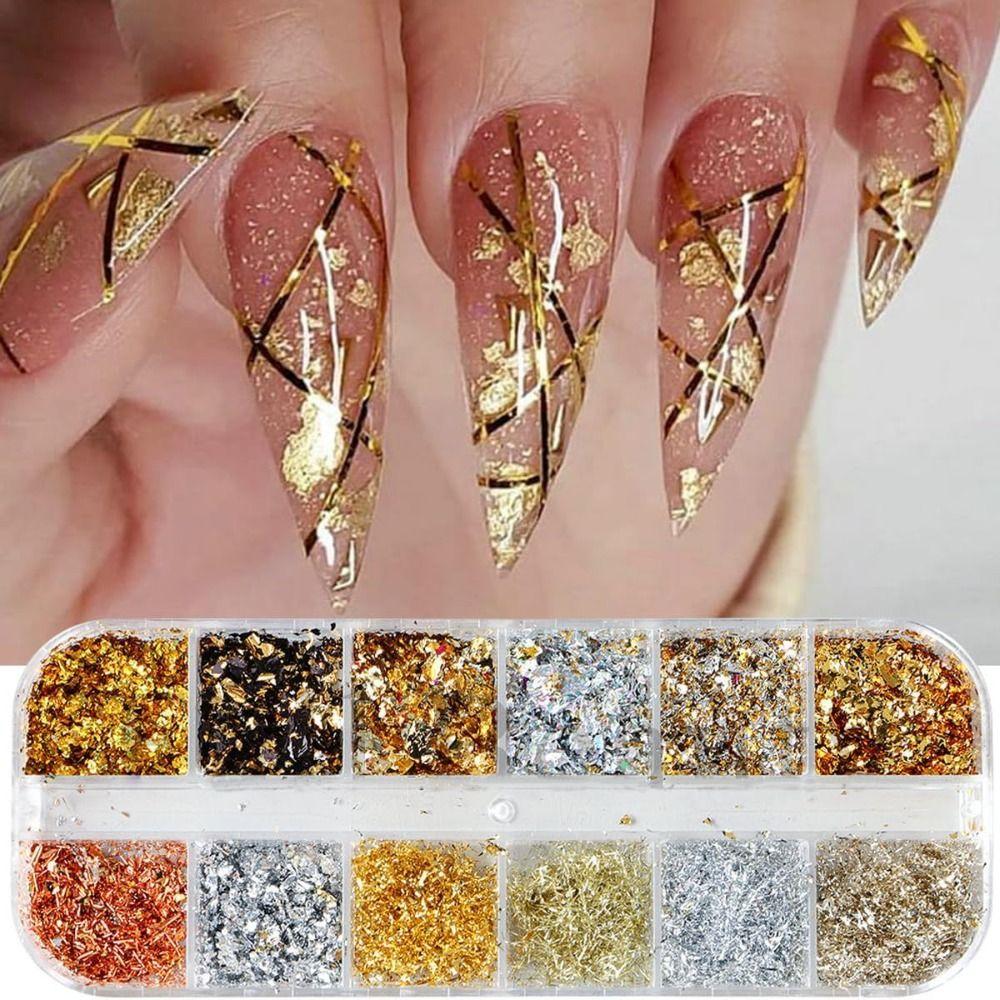 Holographic Nail Glitters Sequins 12 Grids Nail Art Flakes Nail Glitter Gold Foils  DIY Manicure