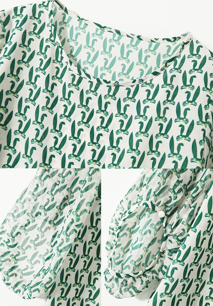 Blouse Summer Short Sleeve Top Crew Neck Outerwear Chiffon Print Puff Sleeve Pullover Loose Fit Body Covering Cool Stylish Feminine Clean Adult Casual