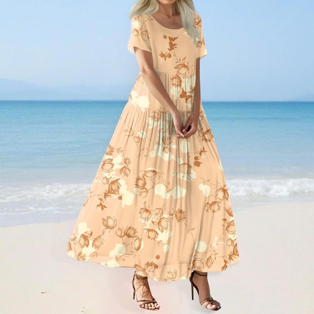 Women's Summer Casual Floral Print Short Sleeve O Neck High Waist A Line Tiered Flowy Boho Maxi Dress