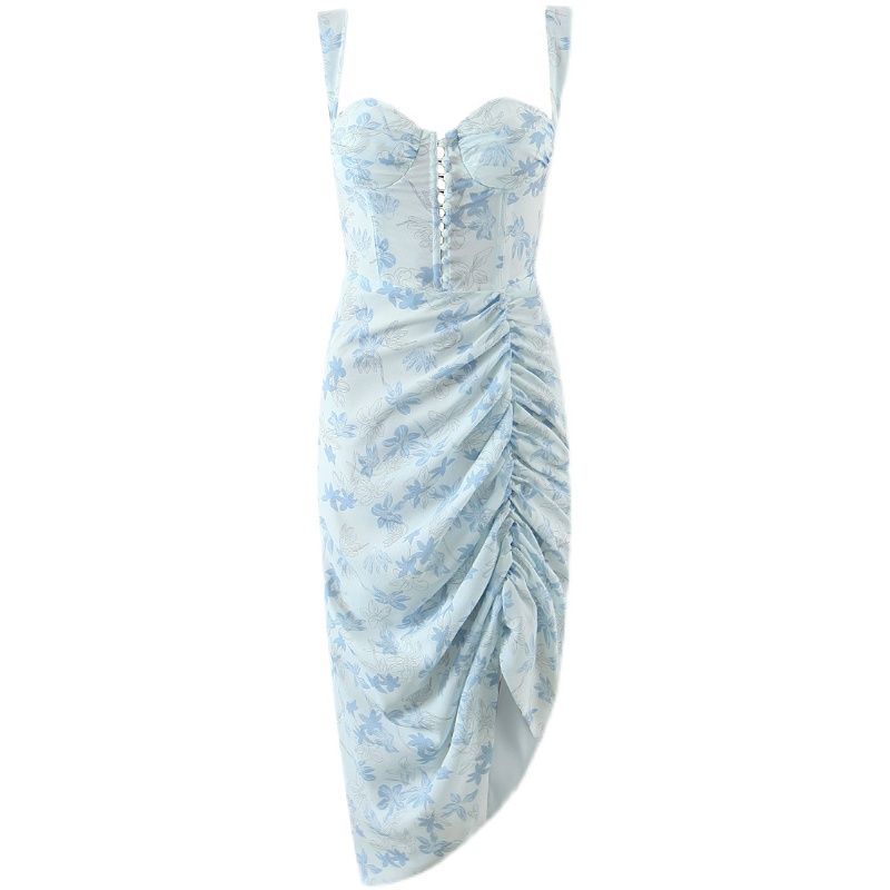 

Vacation Style Goddess Chiffon Backless Slip Dress Floral blue L