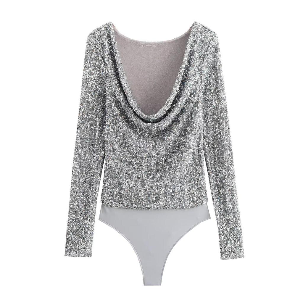 Slim-Fit Sequin V-Neck Long-Sleeve Retro Jumpsuit for Women